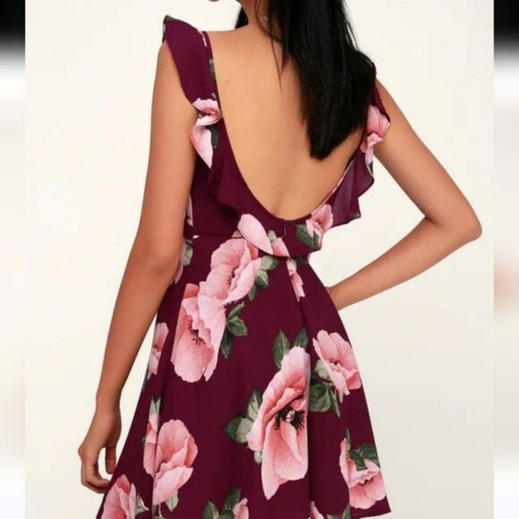 Lulus Women's Floral Ruffle Strap Fit & Flare Mini Formal Dress Burgundy Medium - Picture 15 of 16